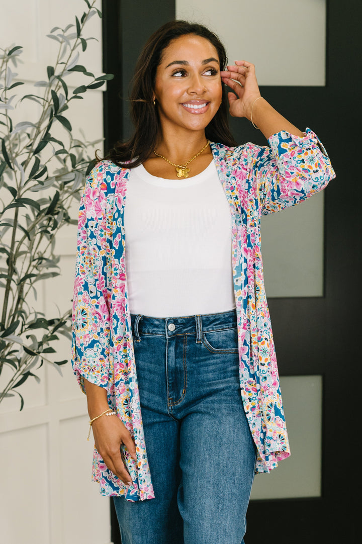 Lizzy Cardigan in Teal and Pink Floral Abstract