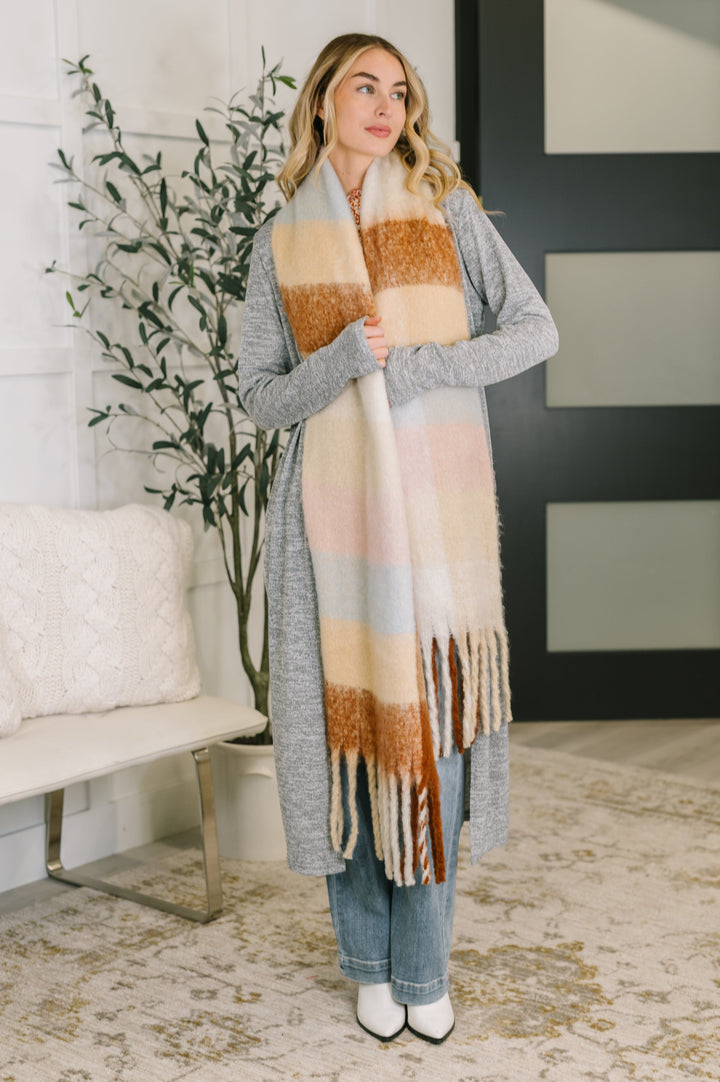 Wanderlust Wrap Oversized Plaid Fringe Scarf in Light Brown